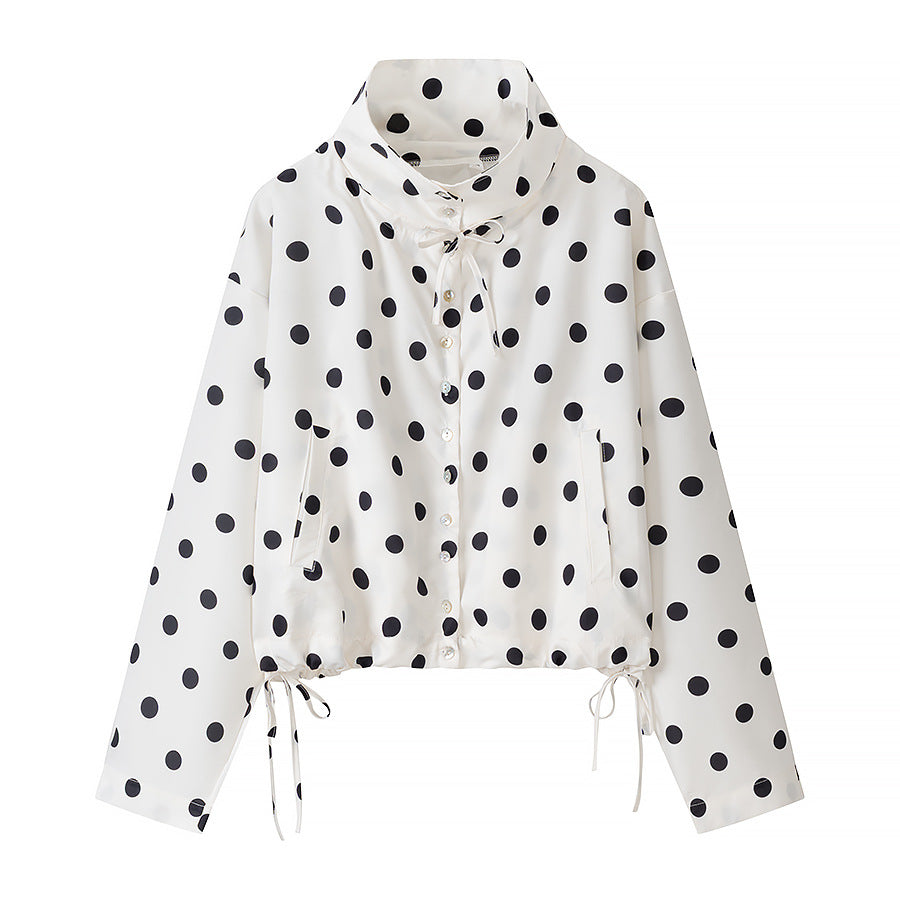 Women's Lightweight Polka Dot Wind Jacket with Stand-Up Collar and Drawstring Fashion Glam