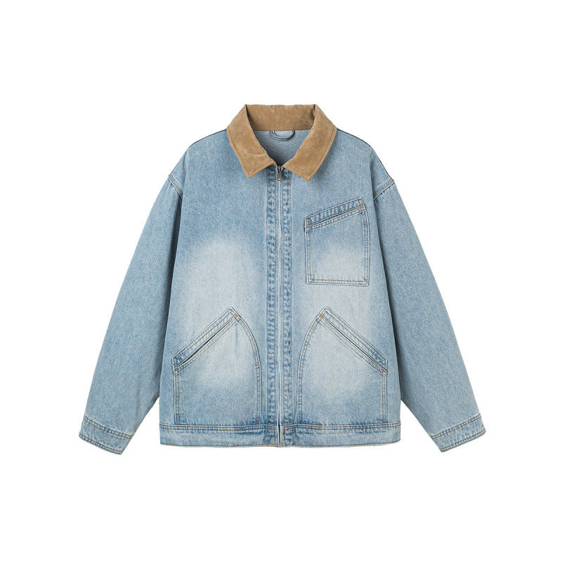 Men's Boxy Denim Jacket in Worker Style with Cord Collar and Front Zipper Fashion Glam
