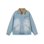 Men's Boxy Denim Jacket in Worker Style with Cord Collar and Front Zipper Fashion Glam