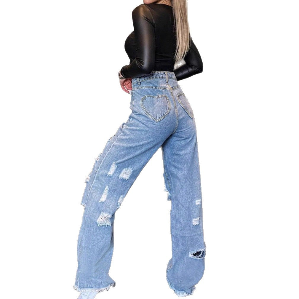 Ladies High-Waisted Baggy Jeans with Large Destruction Rips and Frayed Hem Fashion Glam
