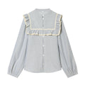 Women Striped Cotton Blouse with Square Bust Yoke, Ruffle and Lace Trim Fashion Glam