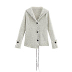 Women Ribbed Cardigan with Sailor Collar, Decorative Ribbon Lacing and Button Placket Fashion Glam