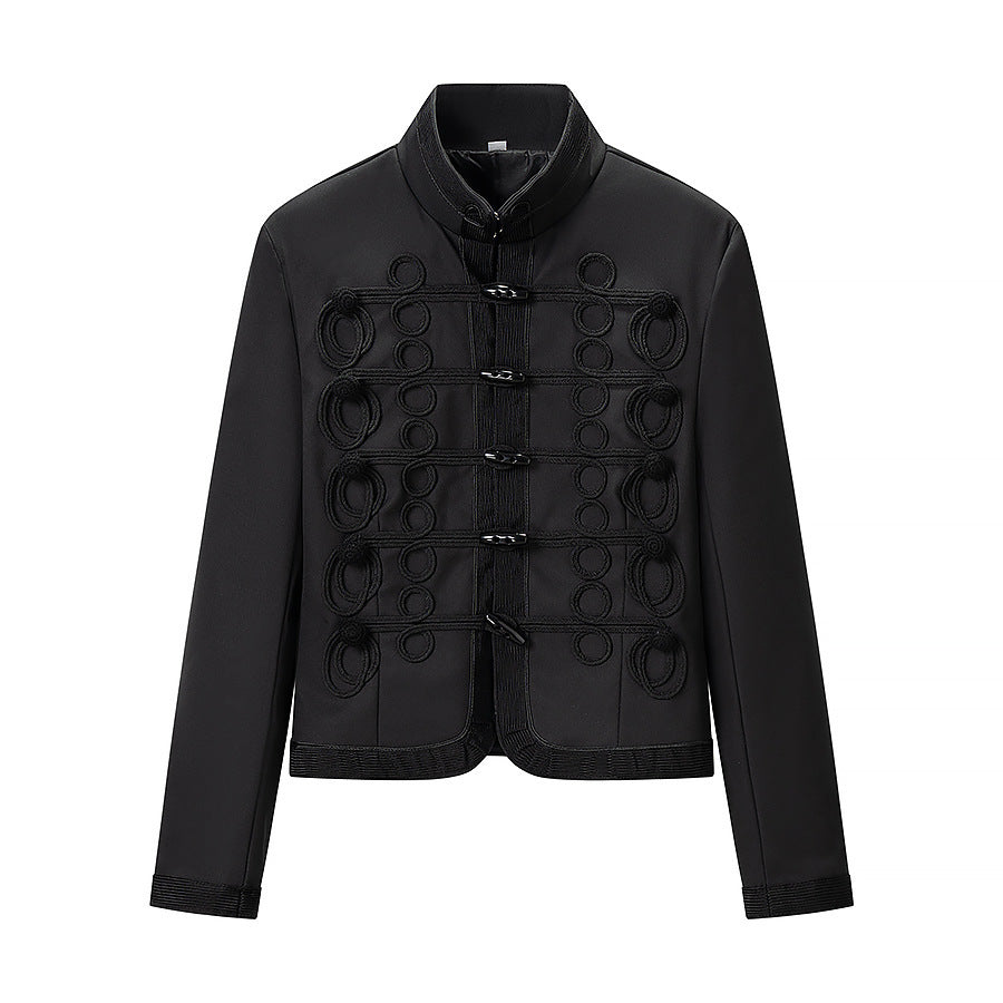 Ladies short blazer in marshal style with stand-up collar and decorative braid trim Fashion Glam