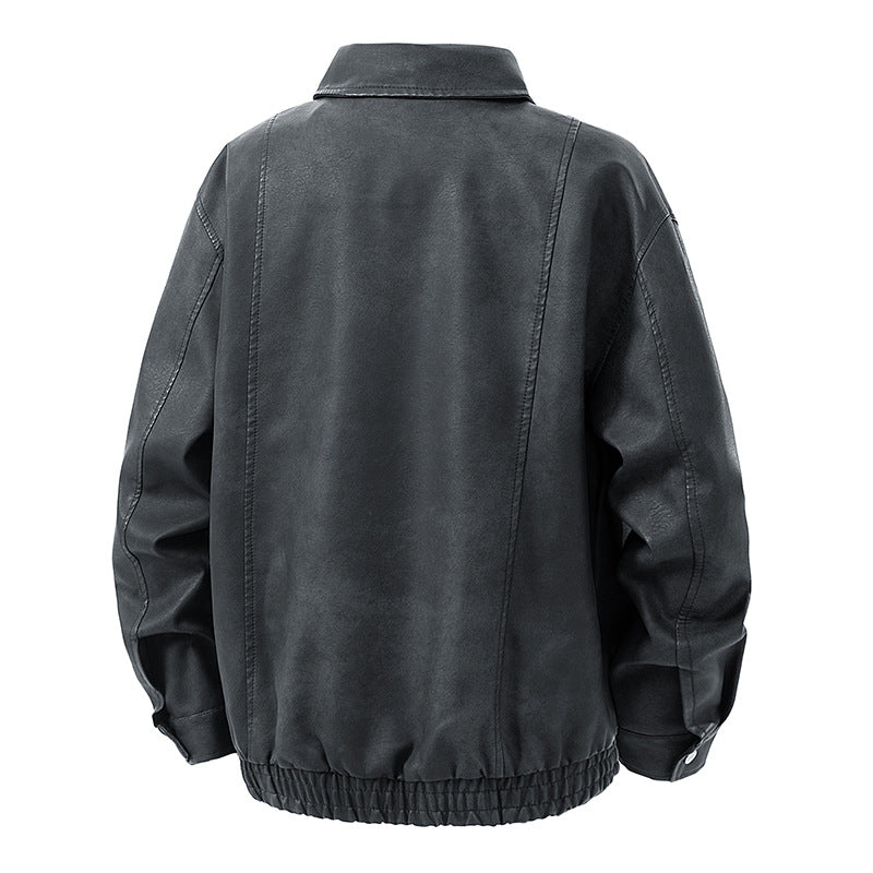 Men's leather bomber jacket with zipper and elastic hem Fashion Glam