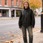 Women's Oversize Leather Jacket with Cut-Out Shoulder, Stand Collar and Structured Seams Fashion Glam