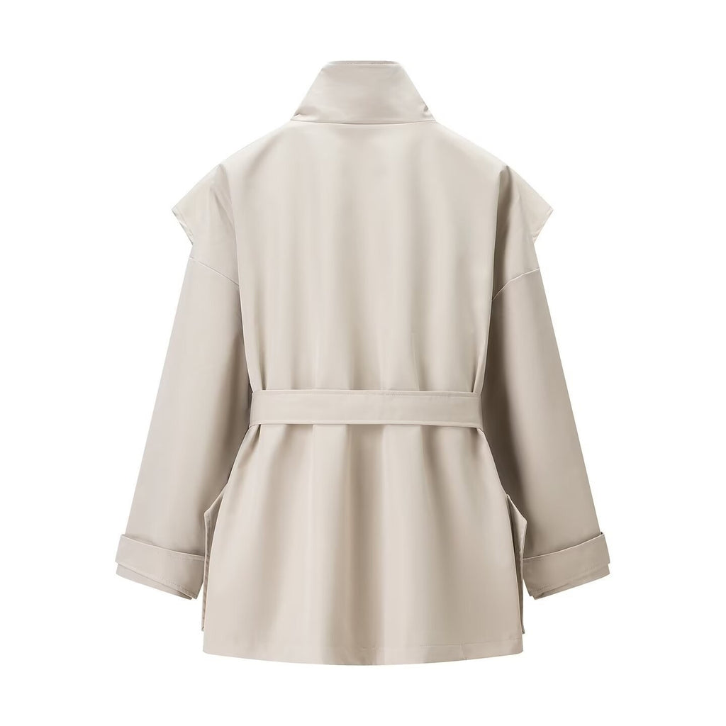 Women's Short Cape Trench with Stand Collar, Waist Belt, and Patch Pockets Fashion Glam