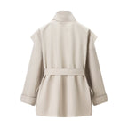 Women's Short Cape Trench with Stand Collar, Waist Belt, and Patch Pockets Fashion Glam
