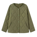 Women's Lightly Quilted Oversize Jacket with Round Neck, Snap Button Placket and Side Pockets Fashion Glam