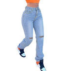 Women's high-waisted jeans with straight leg, knee rips, and stacked hem Fashion Glam