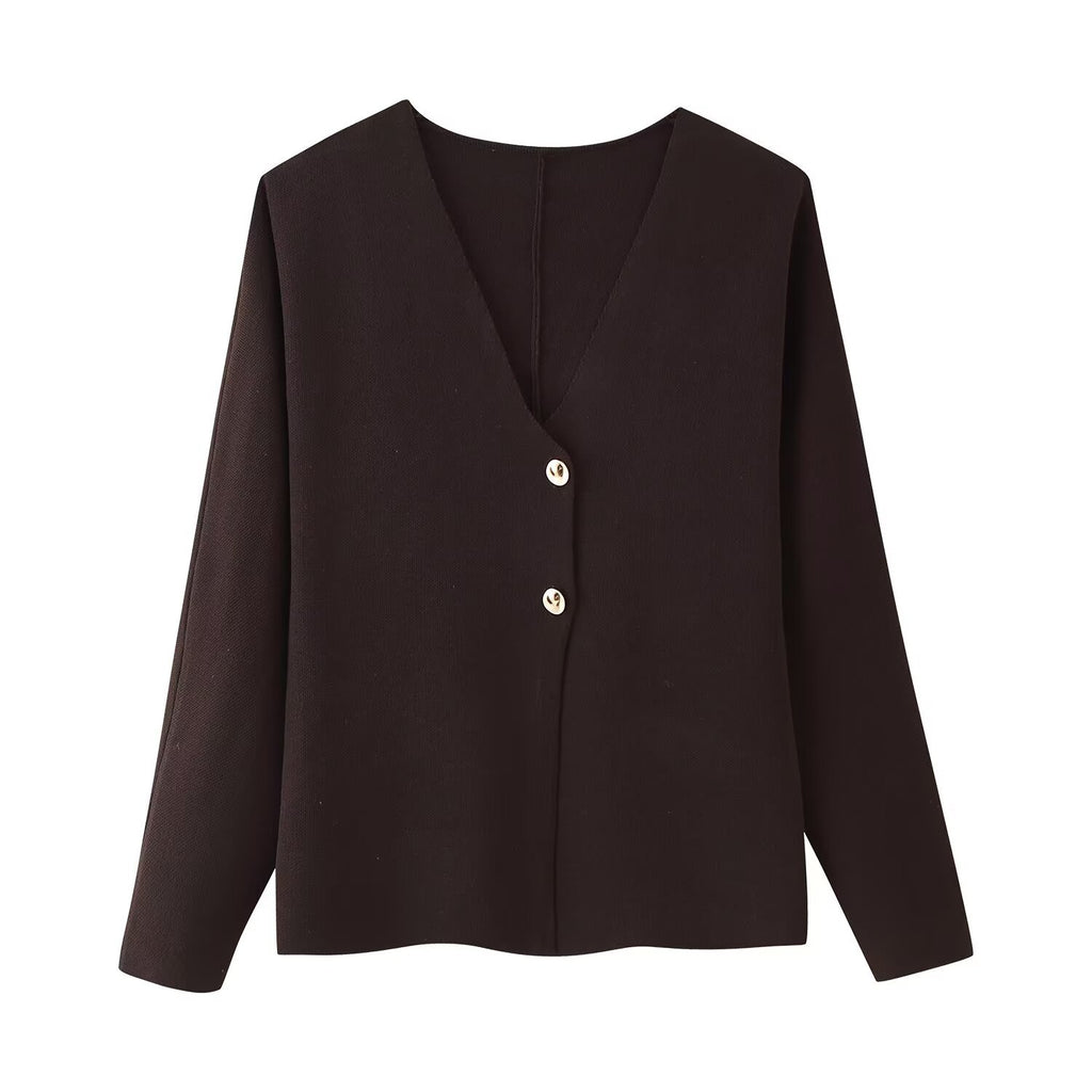 Women's Boxy Fine Knit Jacket with Deep V-Neck and Golden Decorative Buttons Fashion Glam