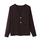 Women's Boxy Fine Knit Jacket with Deep V-Neck and Golden Decorative Buttons Fashion Glam
