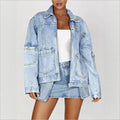 Women's Oversize Utility Denim Jacket with Large Flap Pockets and Zipper Fashion Glam