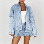 Women's Oversize Utility Denim Jacket with Large Flap Pockets and Zipper Fashion Glam