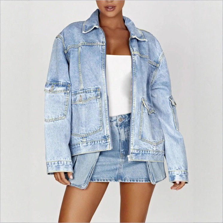 Women's Oversize Utility Denim Jacket with Large Flap Pockets and Zipper Fashion Glam