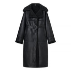 Women long oversized lambskin imitation coat with belt and shawl collar Fashion Glam