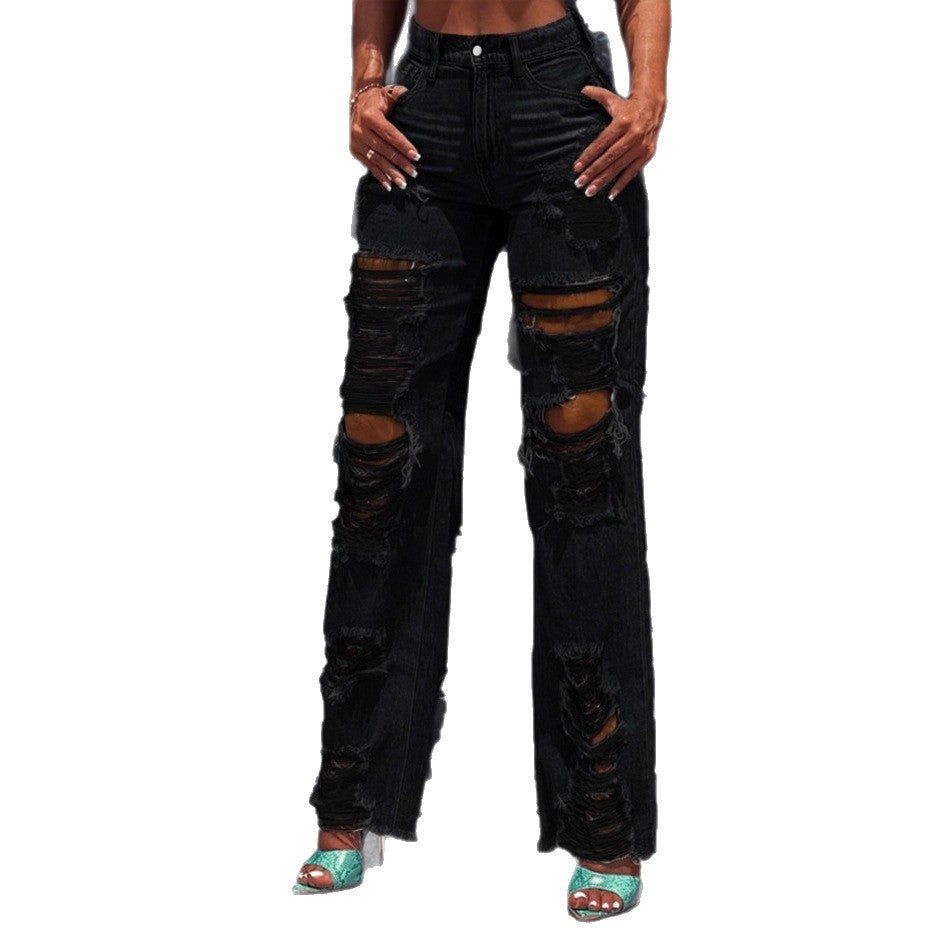 Ladies high-waisted destroyed jeans with wide legs and large knee rips Fashion Glam
