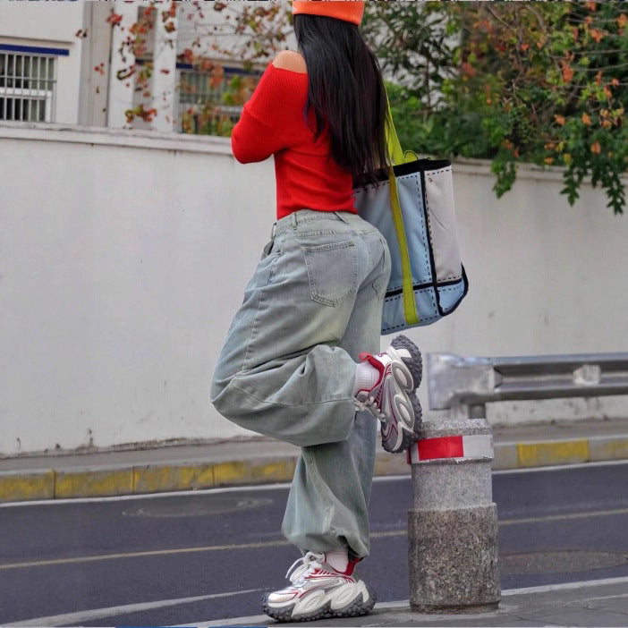 Women wide High-Waist Baggy Jeans with deep crotch and vintage wash Fashion Glam