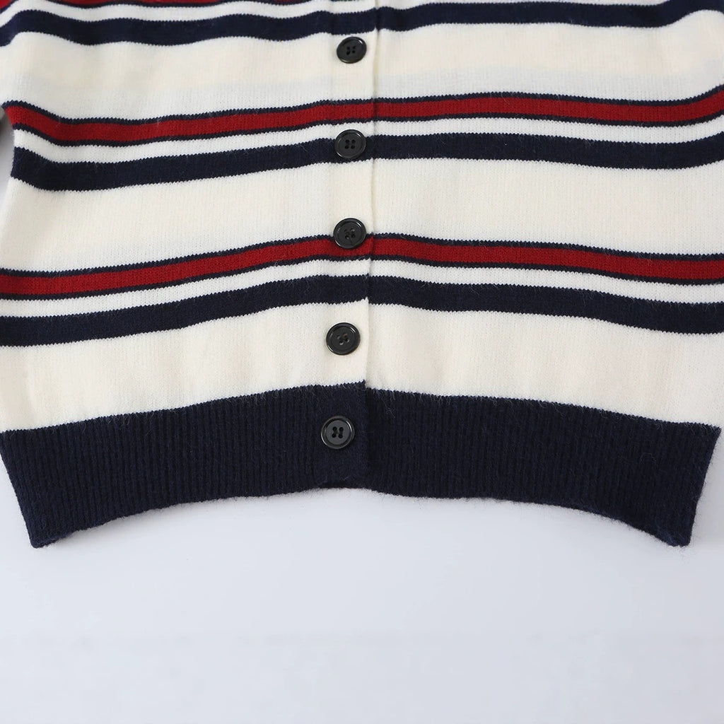 Ladies Striped Cardigan with Button Placket and Ribbed Hem Fashion Glam