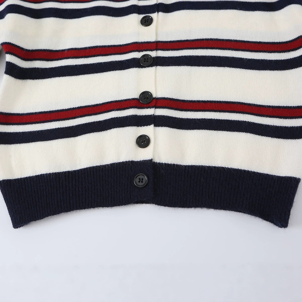 Ladies Striped Cardigan with Button Placket and Ribbed Hem Fashion Glam