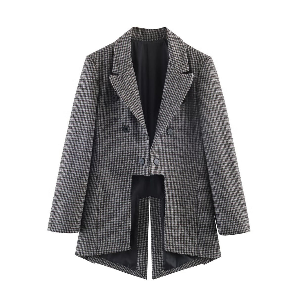 Women Double-breasted Houndstooth Blazer with Cutaway Hem and Vent Fashion Glam