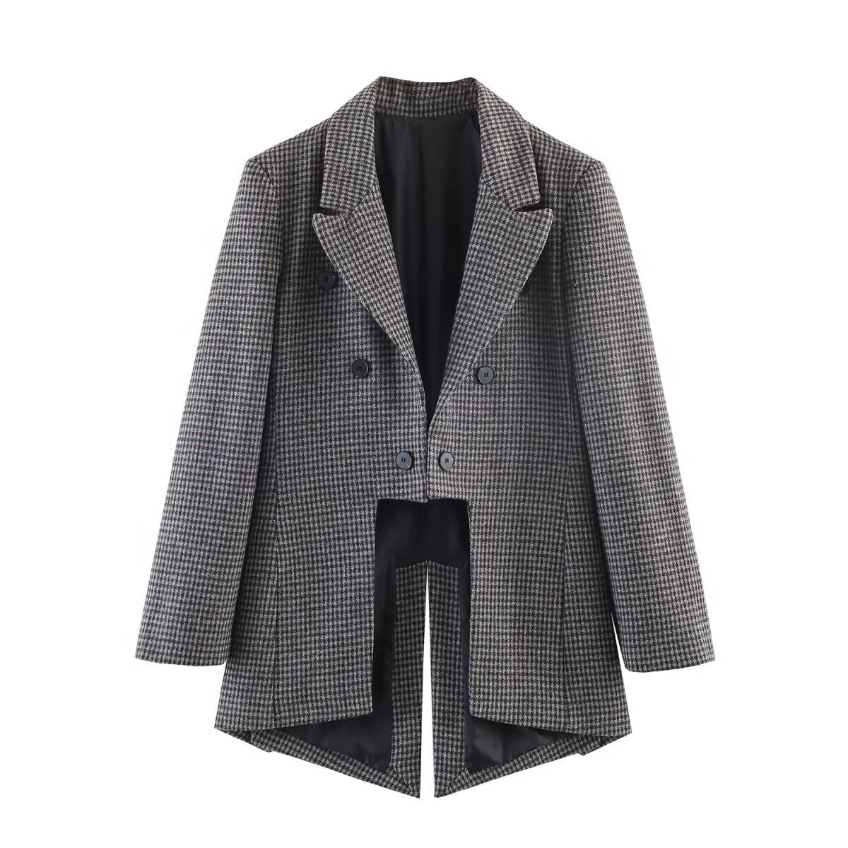 Women Double-breasted Houndstooth Blazer with Cutaway Hem and Vent Fashion Glam
