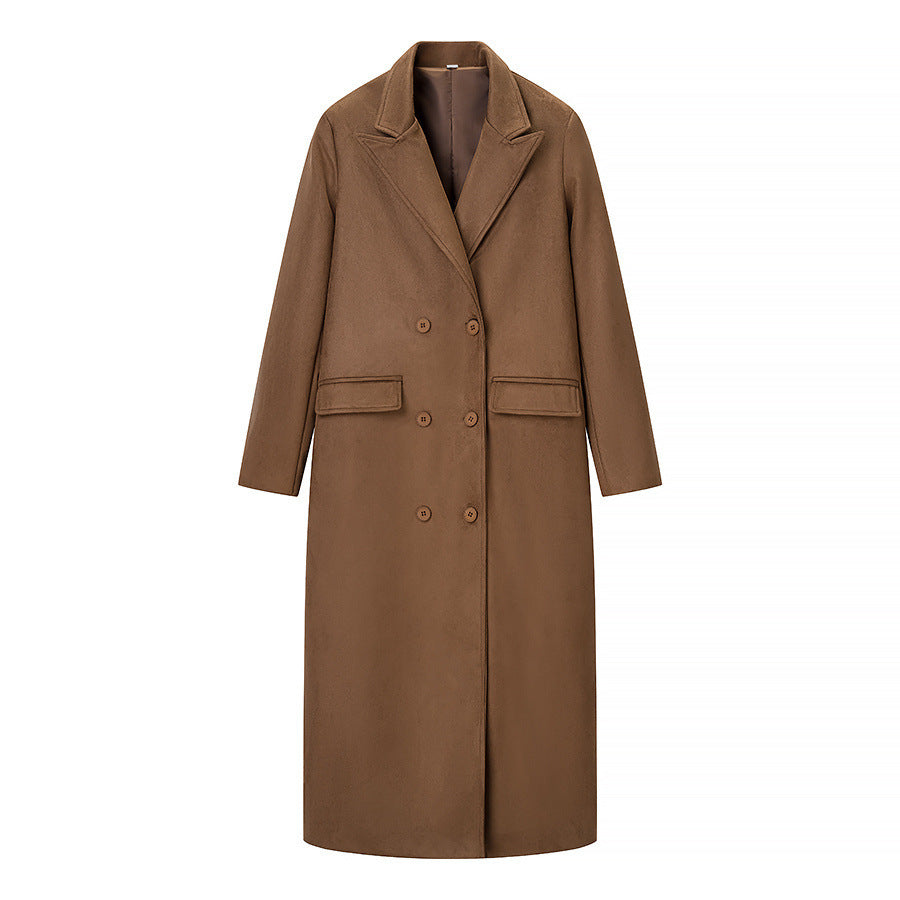 Women's Long Double-Breasted Wool Blend Coat with Classic Lapels and Flap Pockets Fashion Glam
