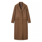 Women's Long Double-Breasted Wool Blend Coat with Classic Lapels and Flap Pockets Fashion Glam