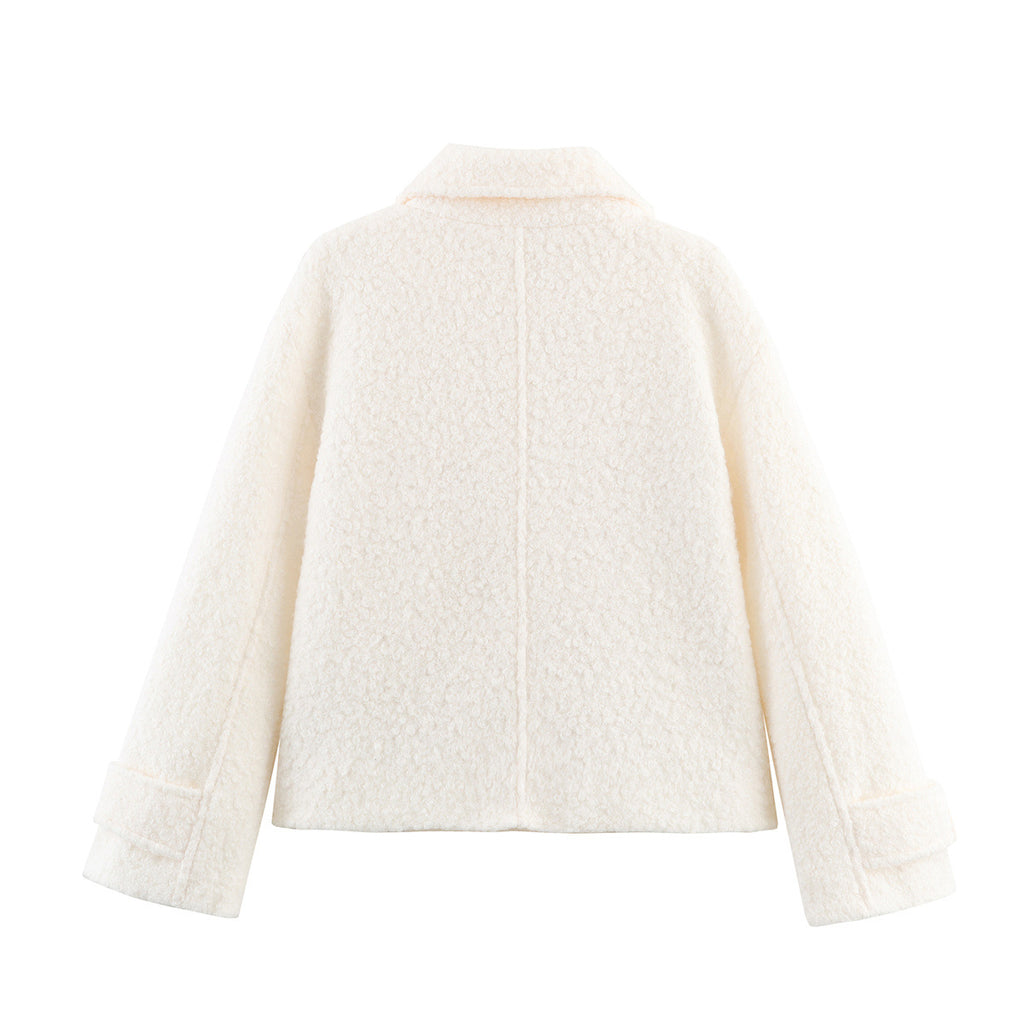 Ladies Boxy Boucle Double-Breasted Coat with Shirt Collar and Flap Pockets Fashion Glam