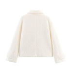 Ladies Boxy Boucle Double-Breasted Coat with Shirt Collar and Flap Pockets Fashion Glam