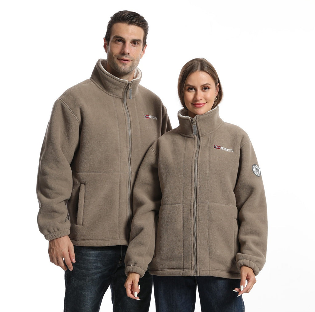 Men's fleece outdoor jacket with stand-up collar, full-length zipper, and elastic cuffs Fashion Glam