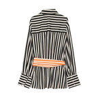 Women Long Sleeve Shirt with Vertical Stripes and Waist Tie Fashion Glam