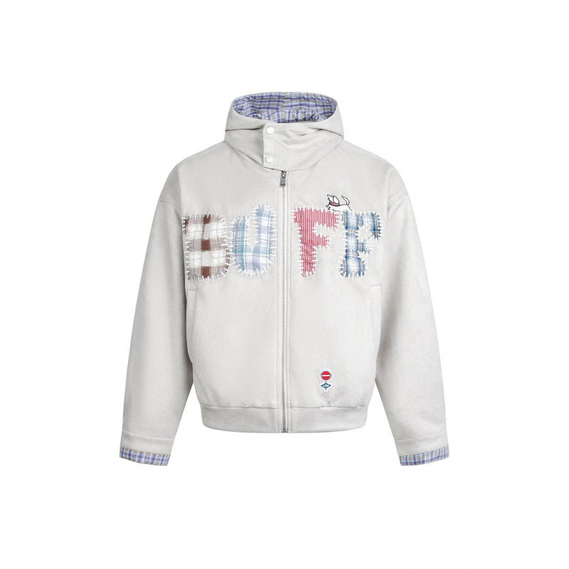 Men's Hooded Fleece Jacket with Checkered Lined Collar and Quilted Logo Applications Fashion Glam