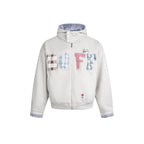 Men's Hooded Fleece Jacket with Checkered Lined Collar and Quilted Logo Applications Fashion Glam