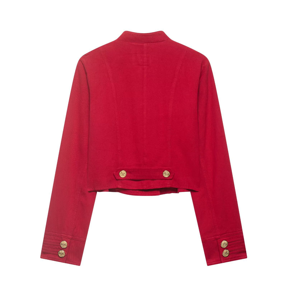 Women Cropped Military Jacket in Sailor Style with Golden Decorative Straps and Stand-Up Collar Fashion Glam