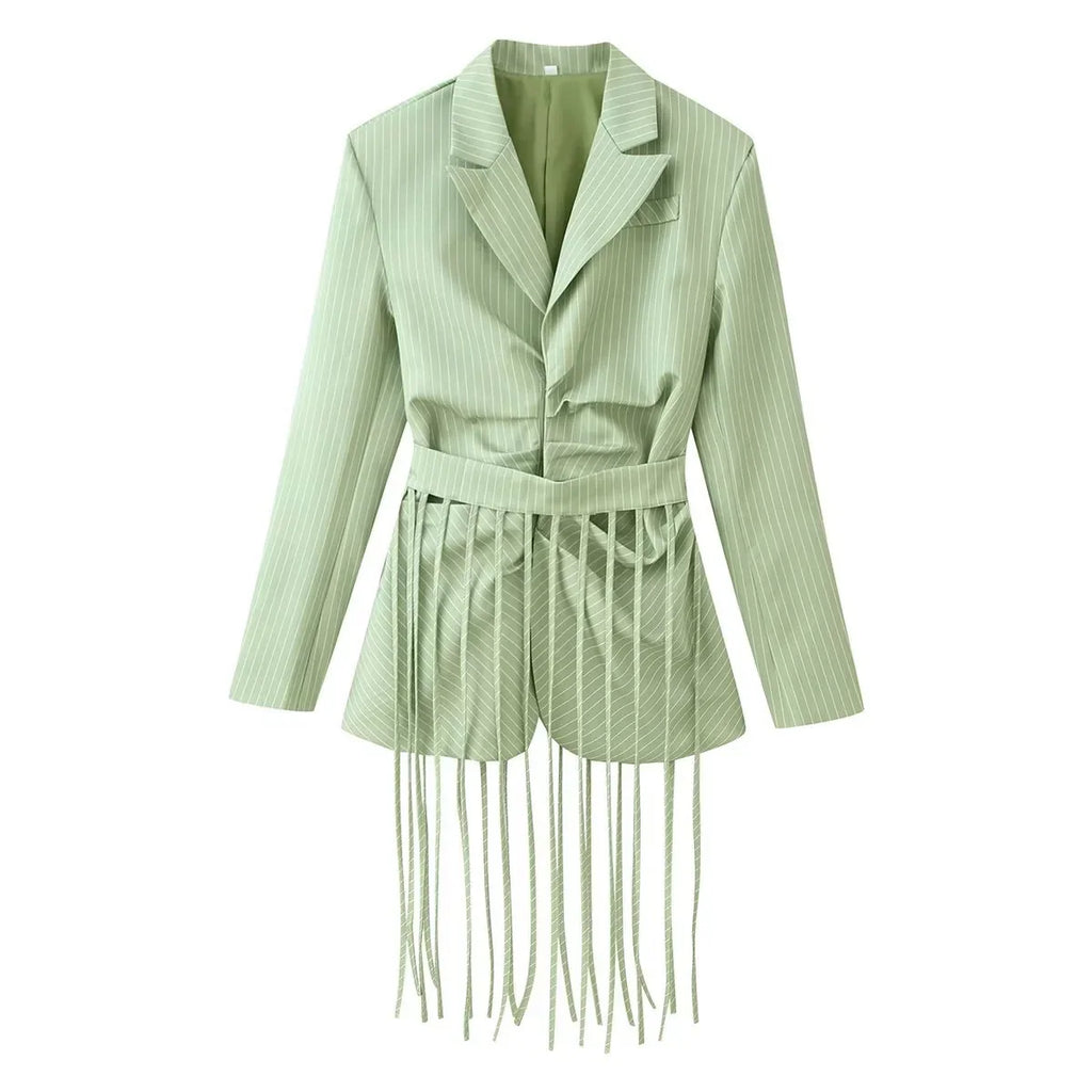 Women's Tailored Blazer with Long Fringes, Pinstripes and Wrap Look Fashion Glam