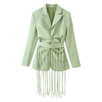 Women's Tailored Blazer with Long Fringes, Pinstripes and Wrap Look Fashion Glam