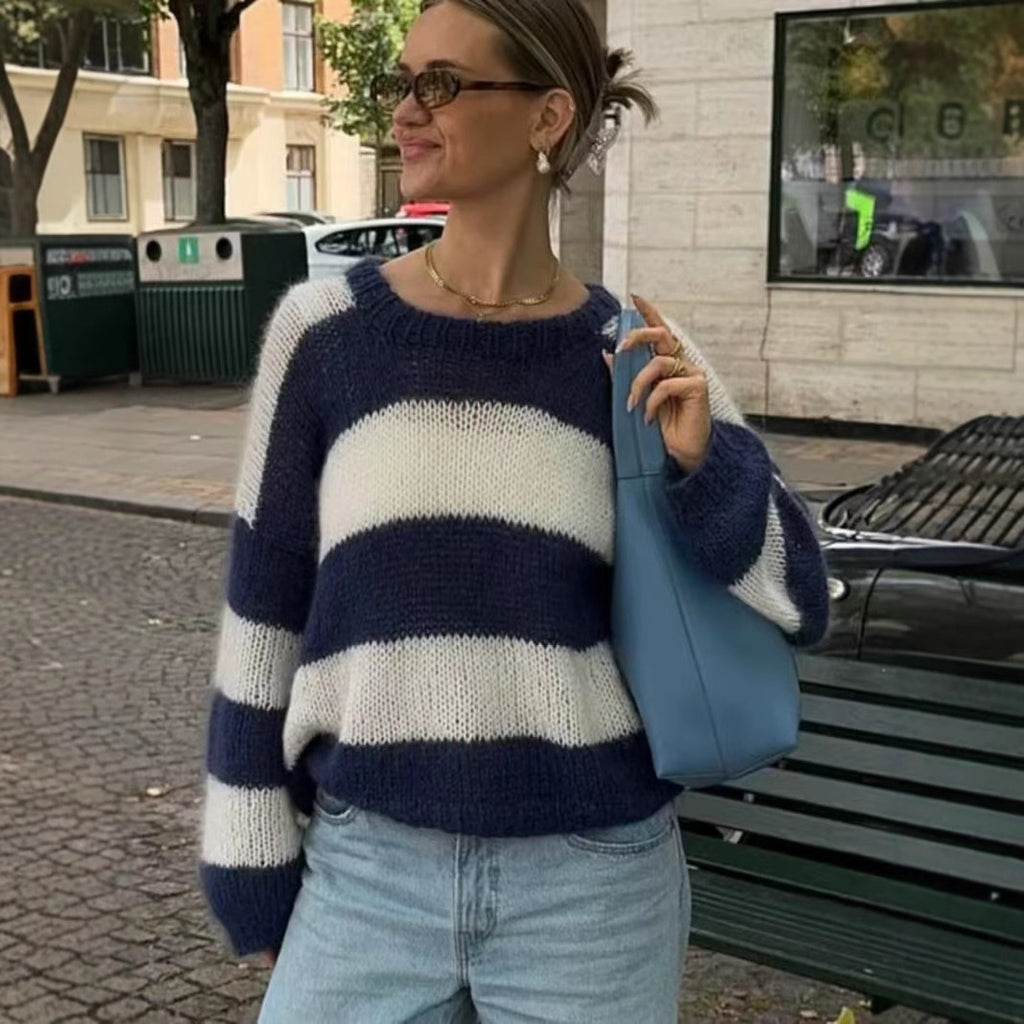 Women Striped Oversize Knit Sweater with Round Neck Fashion Glam