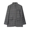 Women's tailored check blazer with stand-up collar, concealed button placket and flap pockets Fashion Glam