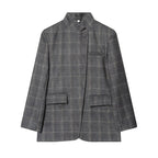 Women's tailored check blazer with stand-up collar, concealed button placket and flap pockets Fashion Glam