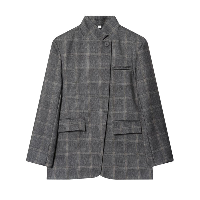 Women's tailored check blazer with stand-up collar, concealed button placket and flap pockets Fashion Glam