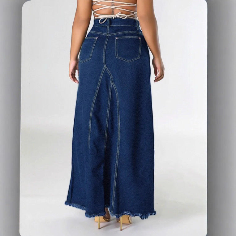 Women’s high-waisted A-line denim maxi skirt with decorative seams and raw fringe hem Fashion Glam
