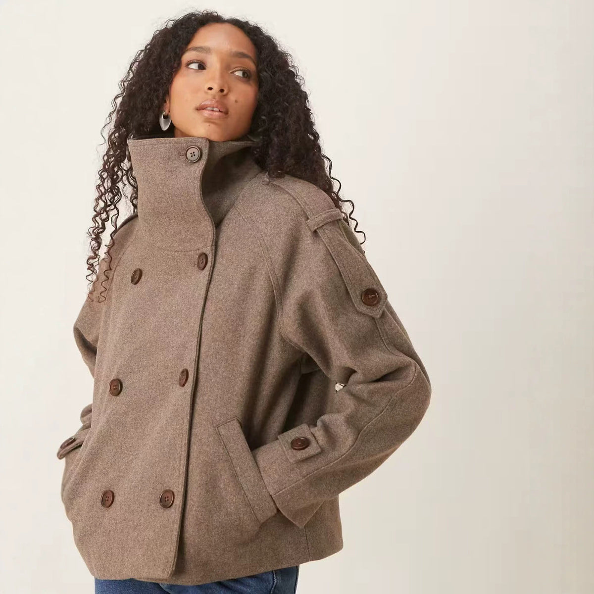 Women's Short Double-Breasted Wool Peacoat with Stand-Up Collar Fashion Glam