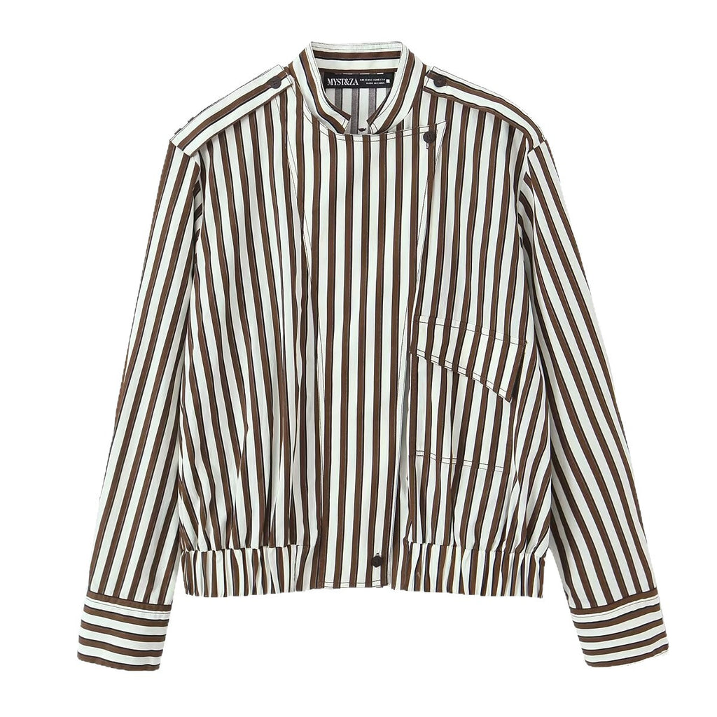 Women's Striped Blouson Shirt Blouse with Stand Collar, Shoulder Epaulettes, and Elastic Hem Fashion Glam