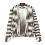 Women's Striped Blouson Shirt Blouse with Stand Collar, Shoulder Epaulettes, and Elastic Hem Fashion Glam