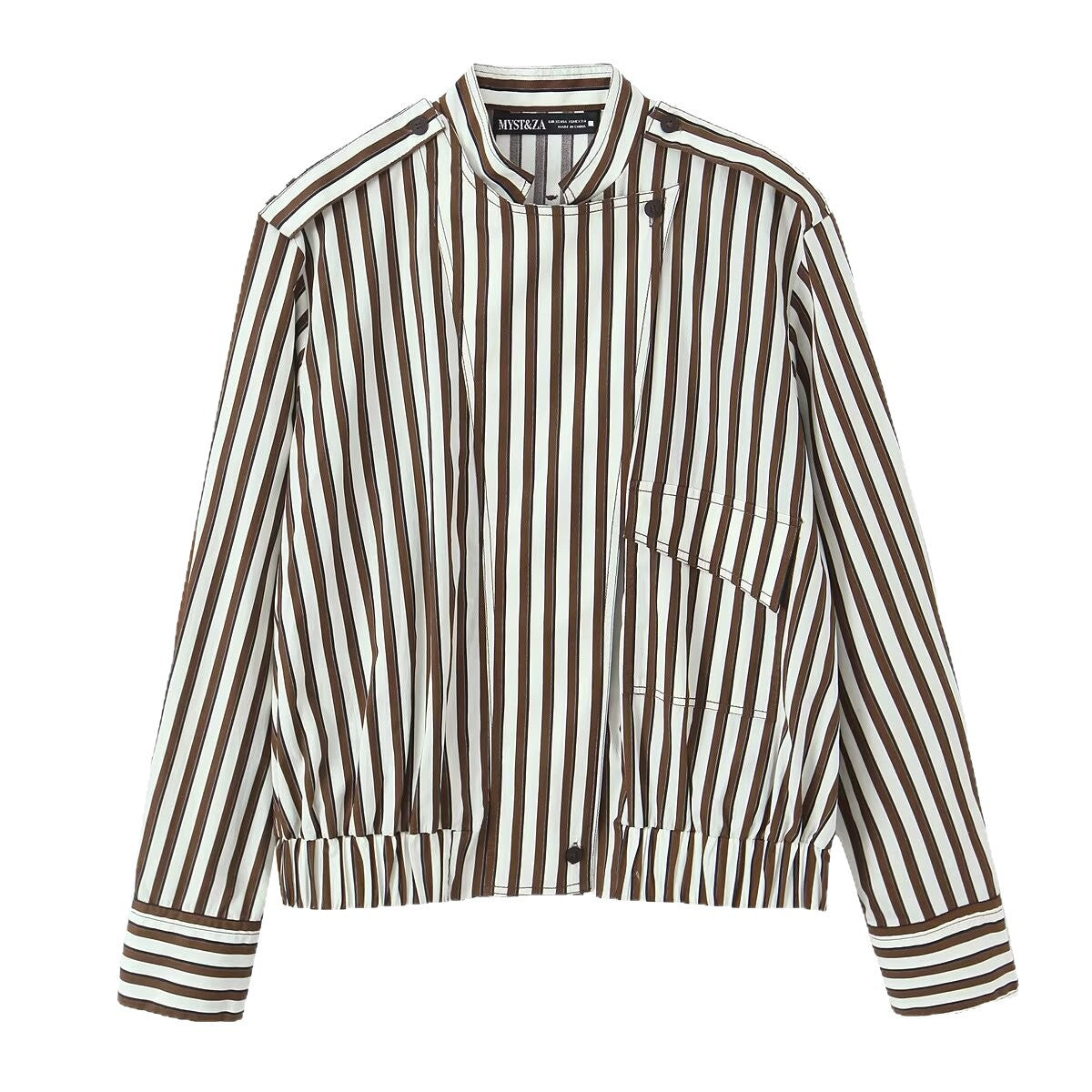 Women's Striped Blouson Shirt Blouse with Stand Collar, Shoulder Epaulettes, and Elastic Hem Fashion Glam