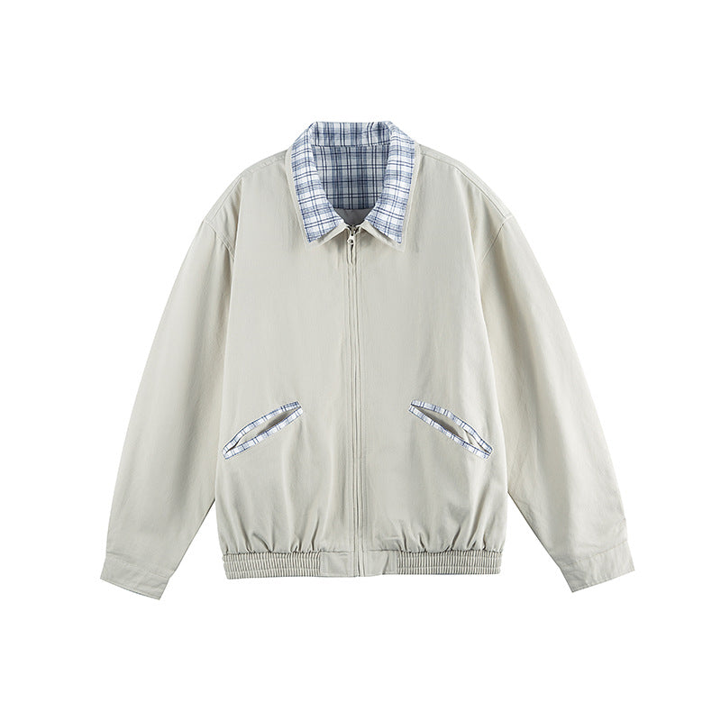 Unisex Lightweight Zip-Over Jacket in Boxy Cut with Check Collar and Elastic Hem Fashion Glam