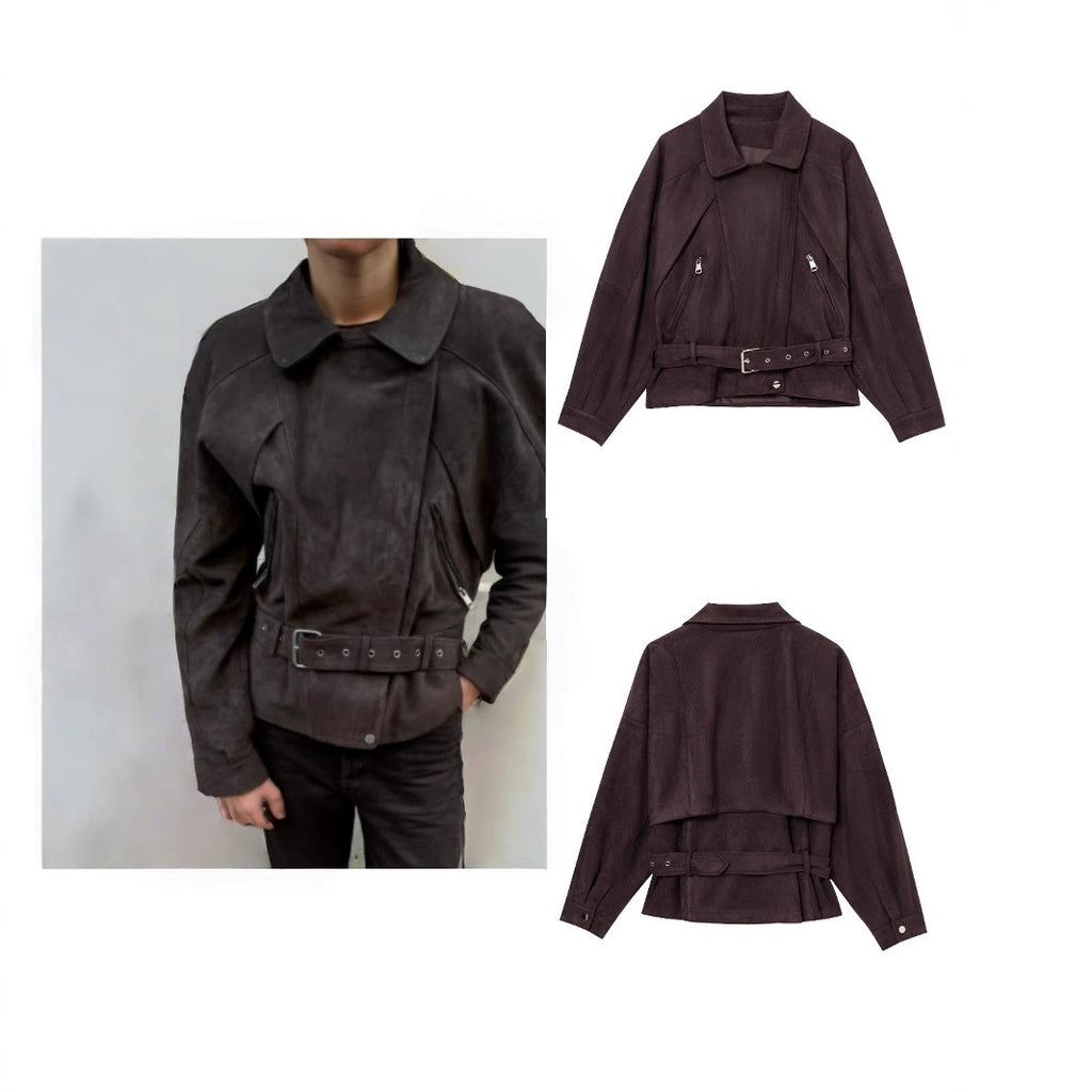 Women Short Suede Look Trench Coat with Waist Belt and Zipper Details Fashion Glam