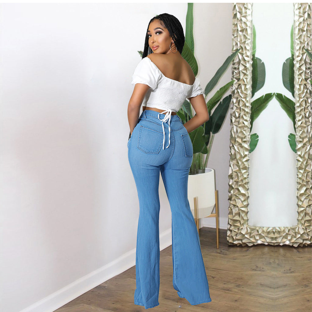 Women's high-waisted flared pants made of stretch denim with knee rips and shaping waistband Fashion Glam