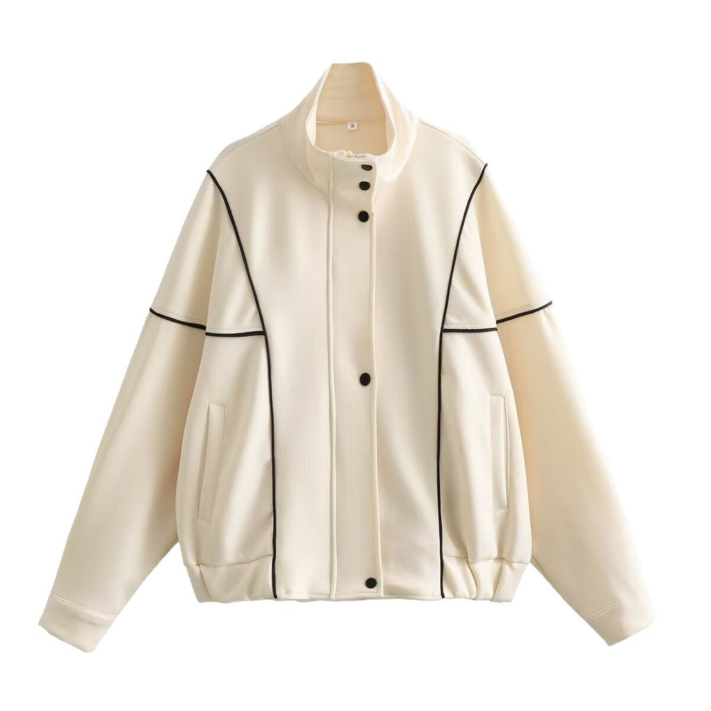 Women's Boxy Oversize Bomber Jacket with Contrast Piping and Stand-Up Collar Fashion Glam