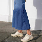 Women High-Waisted Maxi Denim Skirt with Continuous Button Placket and High Front Slit Fashion Glam